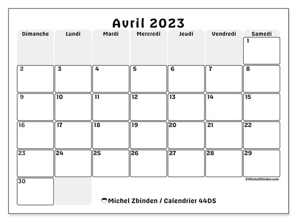 Calendrier avril 2023, 44DS, prêt à imprimer et gratuit.