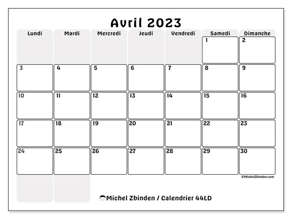 Calendrier avril 2023, 44LD, prêt à imprimer et gratuit.