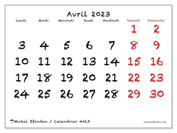 Calendrier à imprimer, avril 2023, 46LD