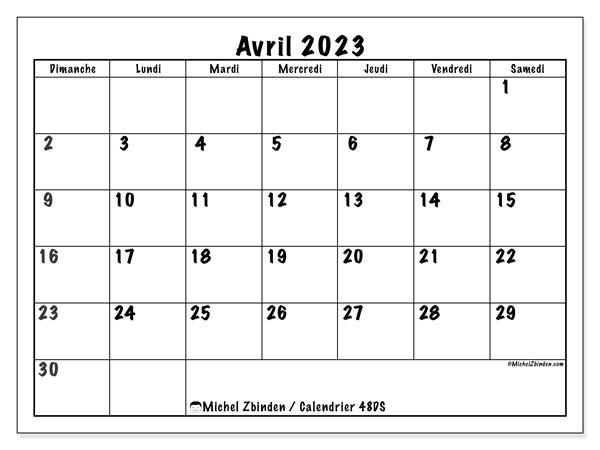 Calendrier avril 2023, 48DS, prêt à imprimer et gratuit.