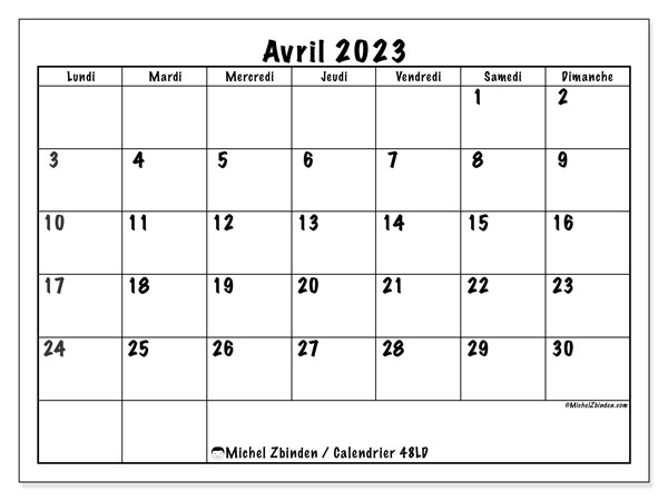 Calendrier avril 2023, 48LD, prêt à imprimer et gratuit.