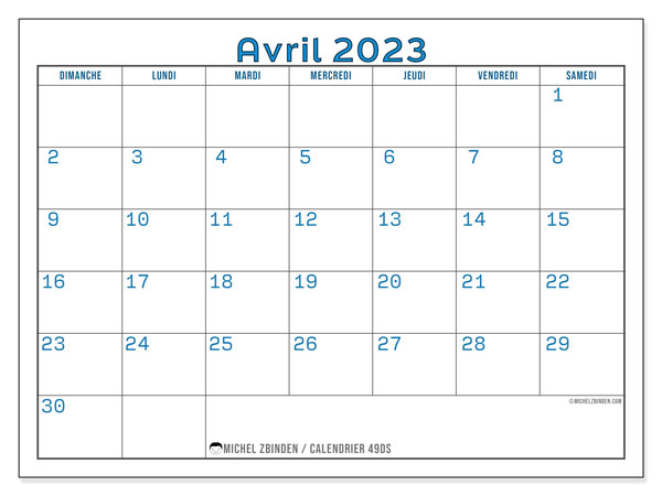 Calendrier avril 2023, 49DS, prêt à imprimer et gratuit.