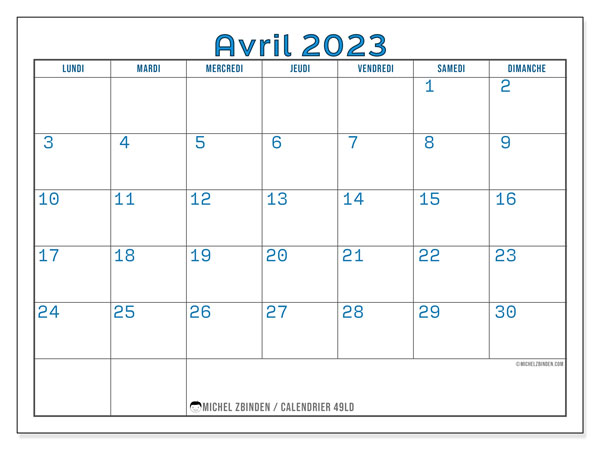 Calendrier avril 2023, 49LD, prêt à imprimer et gratuit.