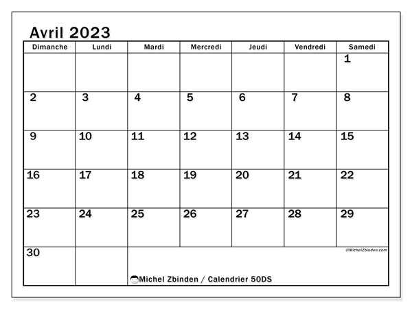 Calendrier avril 2023, 50DS, prêt à imprimer et gratuit.