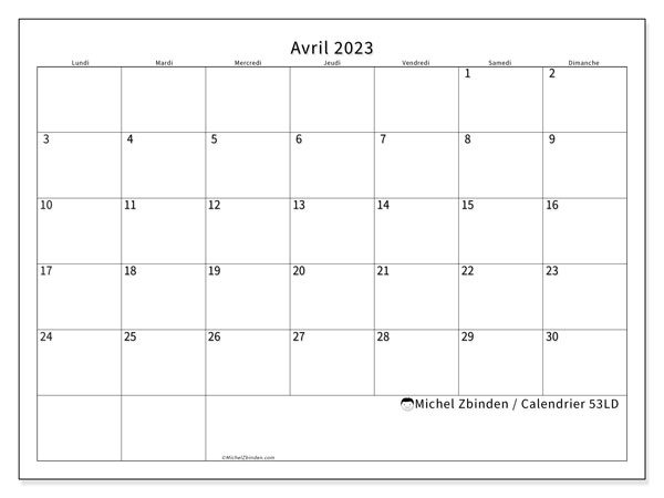 Calendrier avril 2023, 53LD, prêt à imprimer et gratuit.