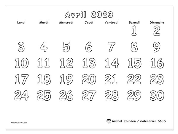 56LD, calendrier avril 2023, pour imprimer, gratuit.