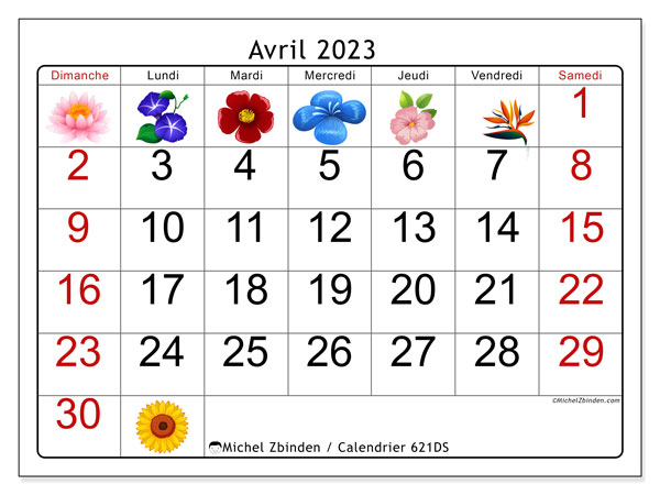 Calendrier Calendriers avril 2023, 621DS, prêt à imprimer et gratuit.