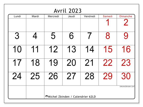 Calendrier avril 2023 à imprimer. Calendrier mensuel “62LD” et cédule imprimable gratuite