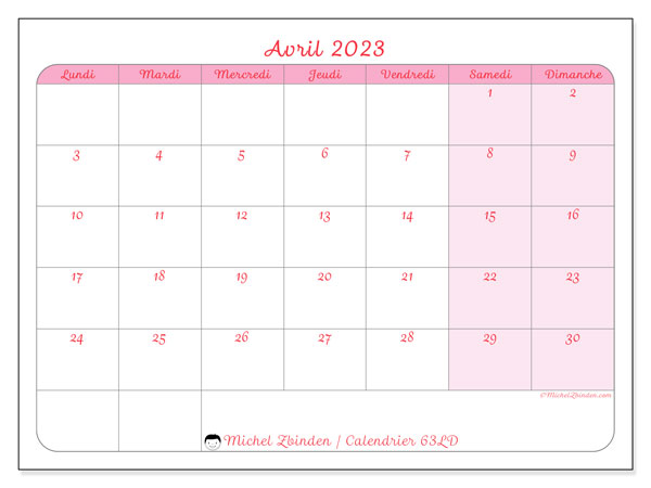 Calendrier avril 2023 “63”. Calendrier à imprimer gratuit.