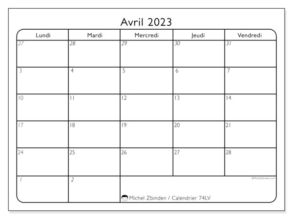 74LD, calendrier avril 2023, pour imprimer, gratuit.