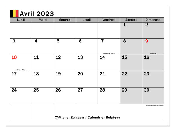 Calendrier avril 2023, Belgique (FR), prêt à imprimer et gratuit.