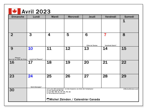 Calendrier avril 2023, Canada, prêt à imprimer et gratuit.