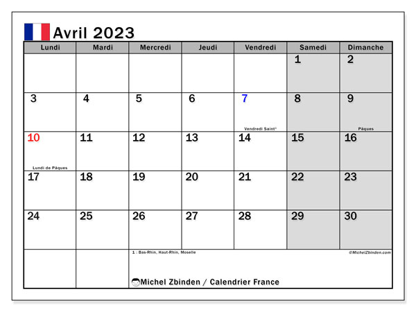Calendrier avril 2023 “France”. Calendrier à imprimer gratuit.