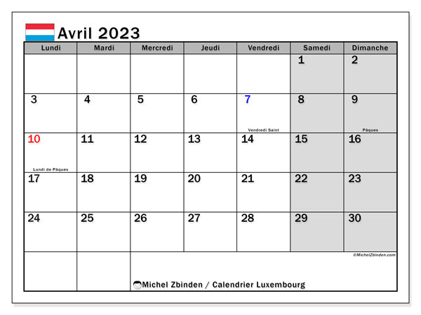 Calendrier avril 2023, Luxembourg (FR), prêt à imprimer et gratuit.