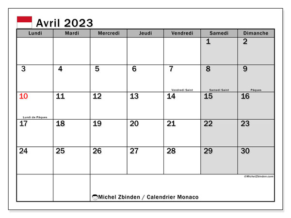 Calendrier à imprimer, avril 2023, Monaco