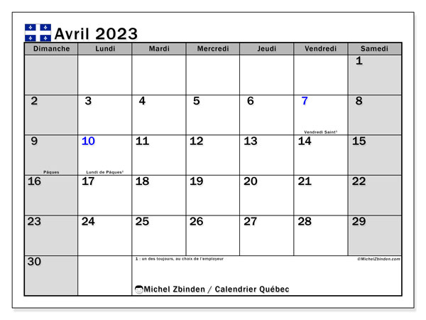 Calendrier avril 2023, Québec, prêt à imprimer et gratuit.