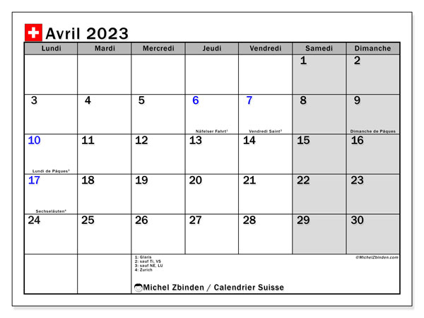 Suisse, calendrier avril 2023, pour imprimer, gratuit.