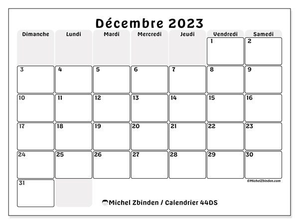 Calendrier décembre 2023, 44DS. Plan à imprimer gratuit.