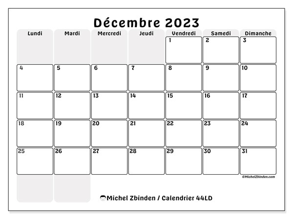 Calendrier décembre 2023, 44LD, prêt à imprimer et gratuit.