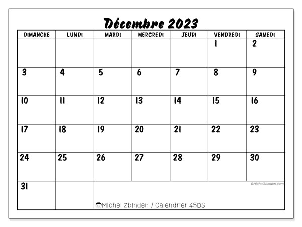 Calendrier décembre 2023 “45”. Calendrier à imprimer gratuit.