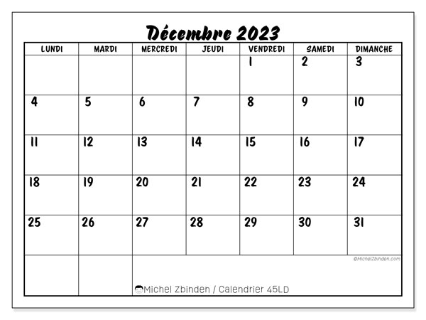 Calendrier décembre 2023 “45”. Calendrier à imprimer gratuit.