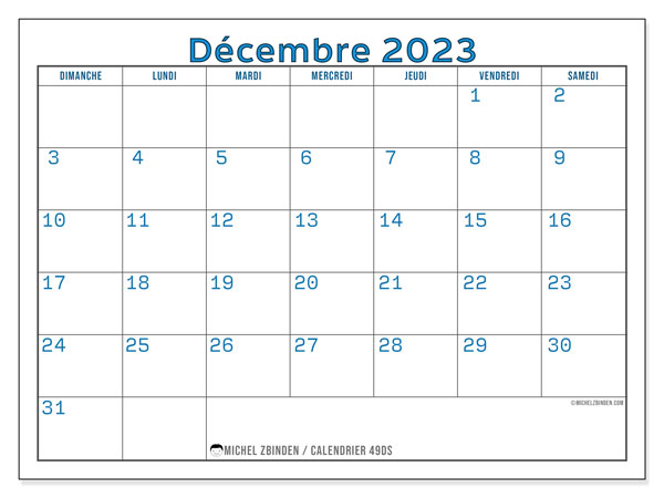 Calendrier décembre 2023 “49”. Calendrier à imprimer gratuit.