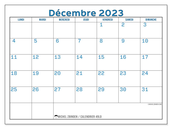 Calendrier décembre 2023, 49LD. Plan à imprimer gratuit.