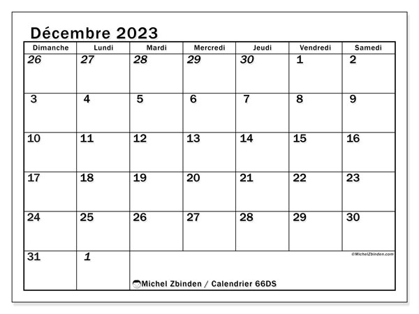 Calendrier décembre 2023, 501DS. Plan à imprimer gratuit.