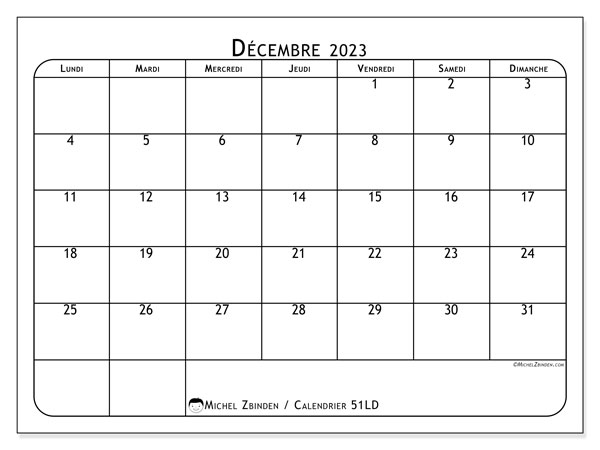 Calendrier décembre 2023, 51LD. Plan à imprimer gratuit.