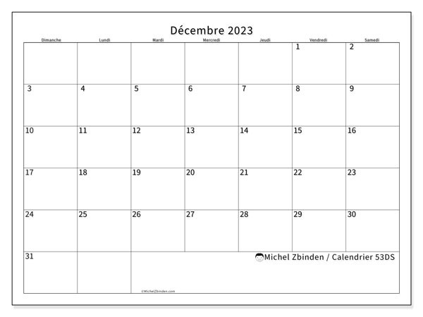 Calendrier décembre 2023 “53”. Planning à imprimer gratuit.. Dimanche à samedi