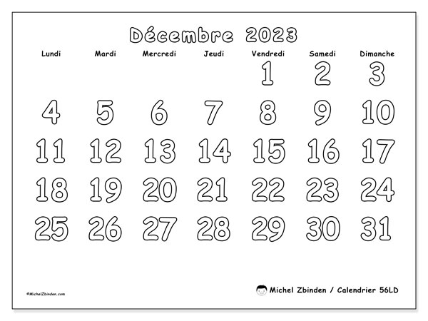 Calendrier décembre 2023 “56”. Calendrier à imprimer gratuit.