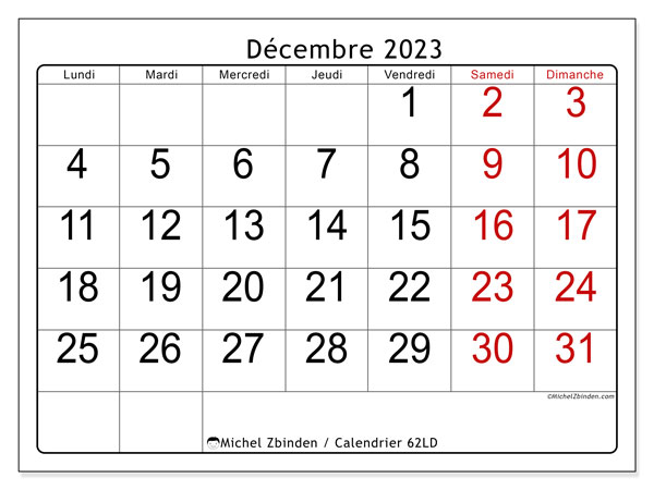Calendrier décembre 2023 “62”. Programme à imprimer gratuit.. Lundi à dimanche