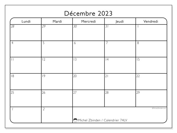 Calendrier décembre 2023, 74LD. Plan à imprimer gratuit.
