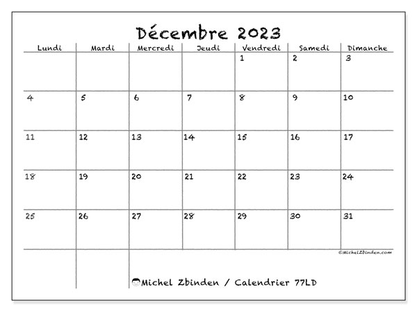 Calendrier décembre 2023 à imprimer. Calendrier mensuel “77LD” et cédule gratuite à imprimer