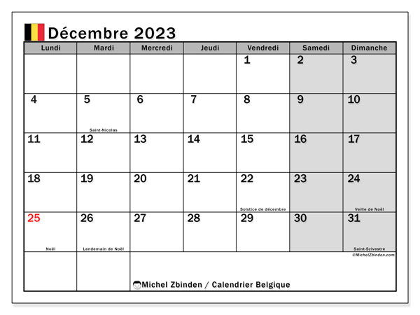 Belgique, calendrier décembre 2023, pour imprimer, gratuit.