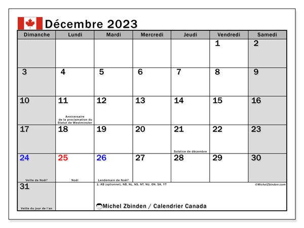 Kalendarz grudzień 2023, Kanada (FR). Darmowy kalendarz do druku.