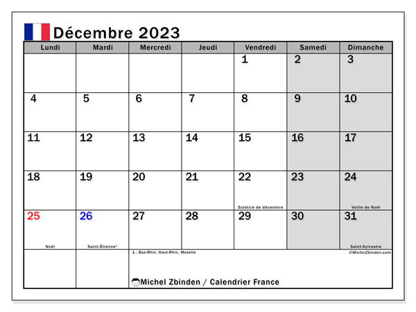 Calendar decembrie 2023, Franța (FR). Jurnal imprimabil gratuit.