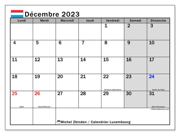 Calendario diciembre 2023, Luxemburgo (FR). Horario para imprimir gratis.