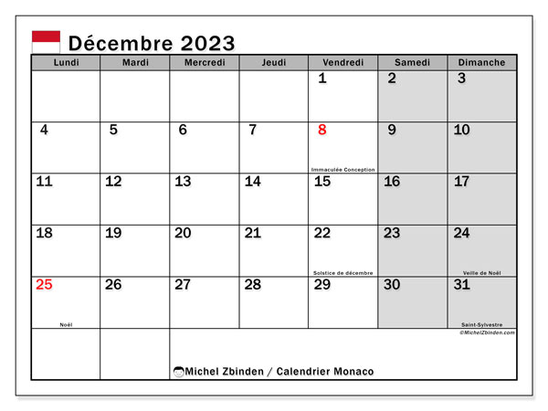 Calendrier décembre 2023, Monaco. Calendrier à imprimer gratuit.