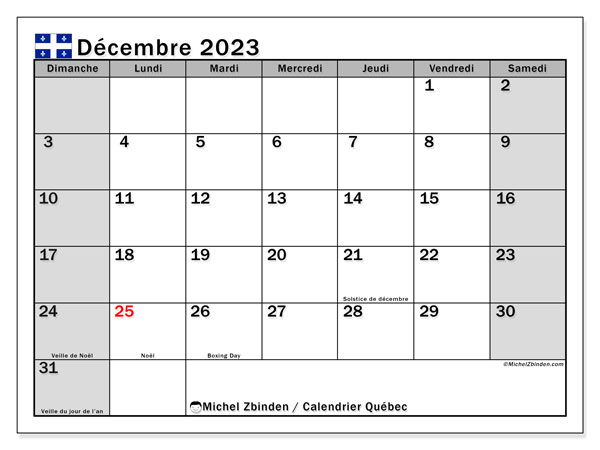 Kalender desember 2023, Quebec (FR). Gratis plan for utskrift.