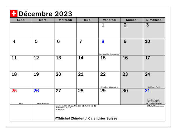 Calendrier décembre 2023, Suisse (FR), prêt à imprimer et gratuit.