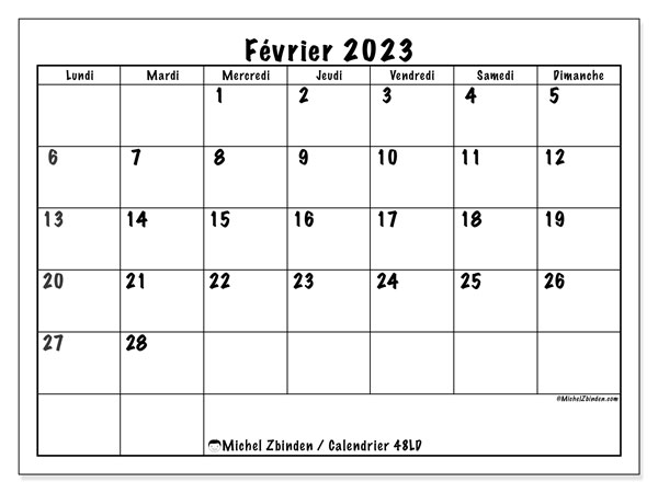 48LD, calendrier février 2023, pour imprimer, gratuit.
