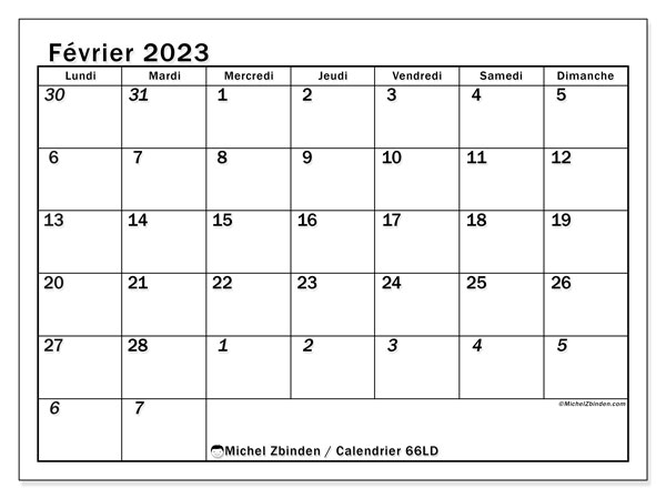 Calendrier à imprimer, février 2023, 501LD