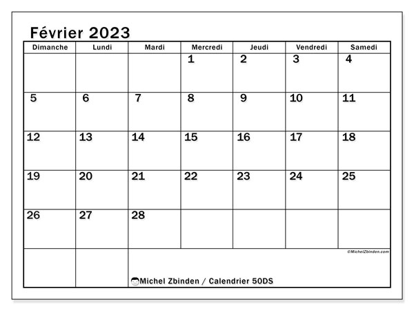 Calendrier à imprimer, février 2023, 50DS