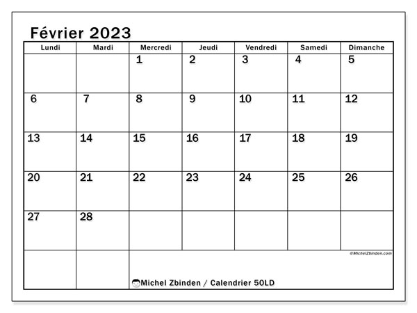 50LD, calendrier février 2023, pour imprimer, gratuit.