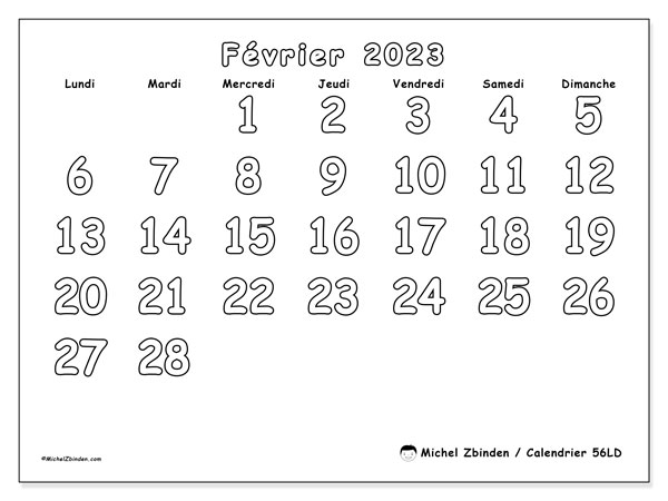 Calendrier 56LD, février 2023, pour imprimer, gratuit. Planning imprimable gratuit