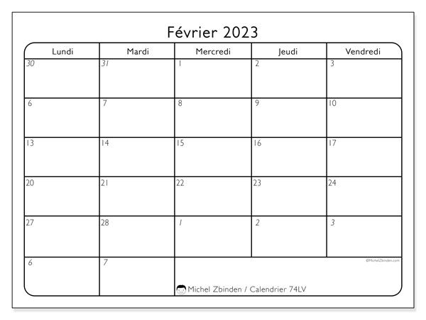 74LD, calendrier février 2023, pour imprimer, gratuit.