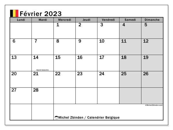 Belgique, calendrier février 2023, pour imprimer, gratuit.