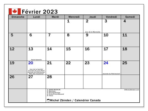Calendrier avec jours fériés du Canada, février 2023, pour imprimer, gratuit. Planning gratuit à imprimer