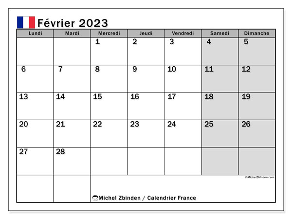 Calendrier à imprimer, février 2023, France